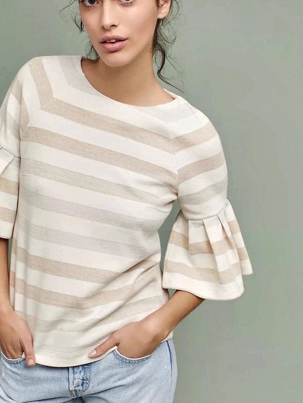 Anthropologie Striped Ruffle Sleeve Top in Cream & Brown